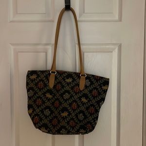 Talbots Tapestry Ladybug, Butterfly, Cricket purse with tan leather straps